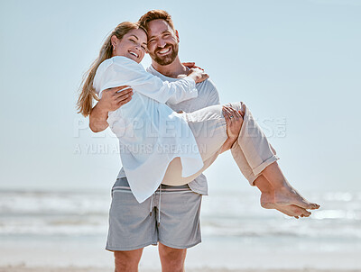 Buy stock photo Love, beach and man carrying his wife while on romantic vacation, adventure or trip in Australia. Romance, happy and portrait of happy couple with a smile in nature by ocean while on seaside holiday.
