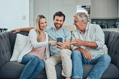 Buy stock photo Relax, search and phone with family on sofa for share internet, social media or online news. Care, retirement and help grandfather with man and woman in living room for technology, digital or contact