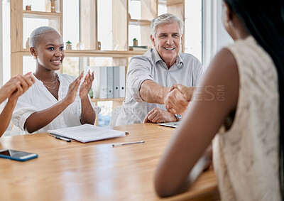 Buy stock photo Business people, meeting and applause for handshake, ceo or black woman in office for promotion. Corporate team, shaking hands and congratulations for partnership, collaboration or success in startup