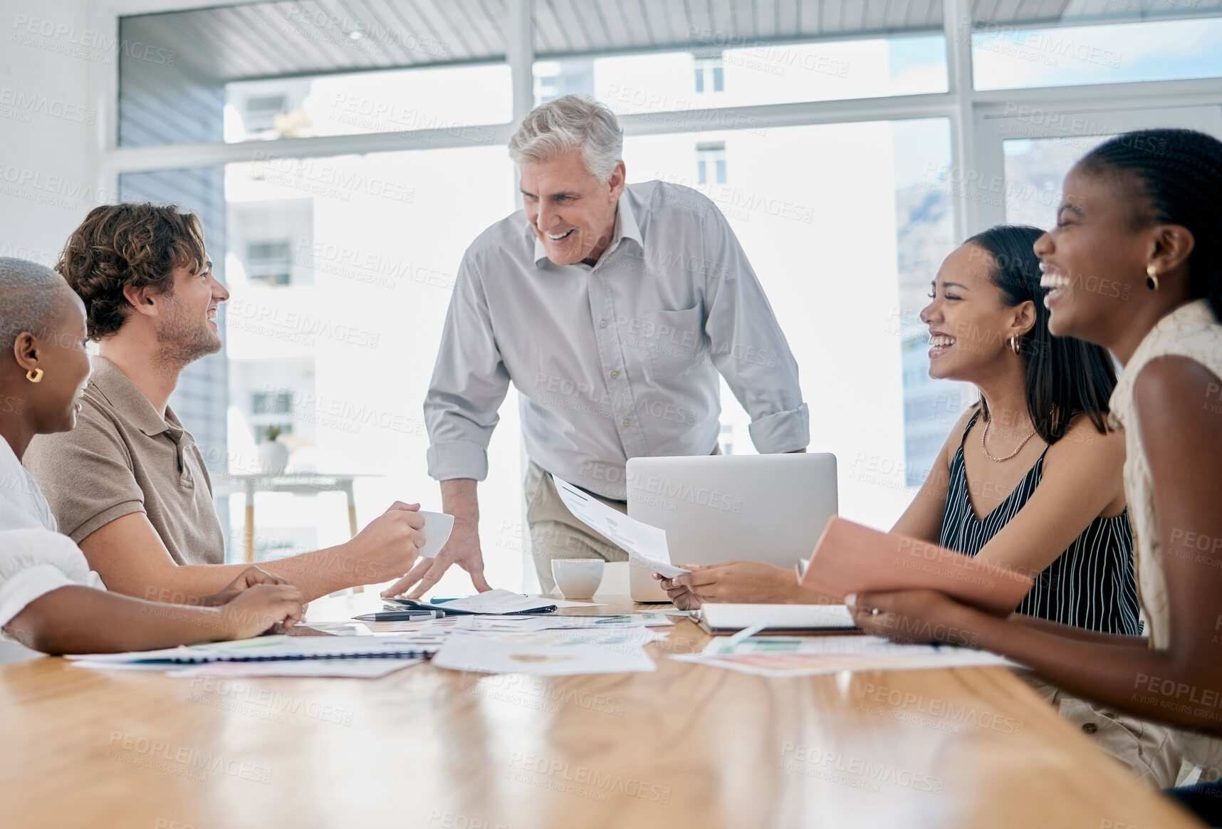 Buy stock photo Business, man and team with leader, meeting or brainstorming in office. Teamwork, male employee or ceo with staff, group project or share idea for collaboration, leadership or innovation in workplace