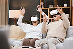 Gaming, virtual reality and senior couple with headset play online game with VR, technology and smile. Future, elderly woman and happy man in home watching futuristic augmented reality video on sofa.