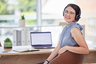 Buy stock photo Call center, customer support and portrait of woman with laptop for networking, communication and crm. Contact us, receptionist and female worker with headset for client help, service and consulting