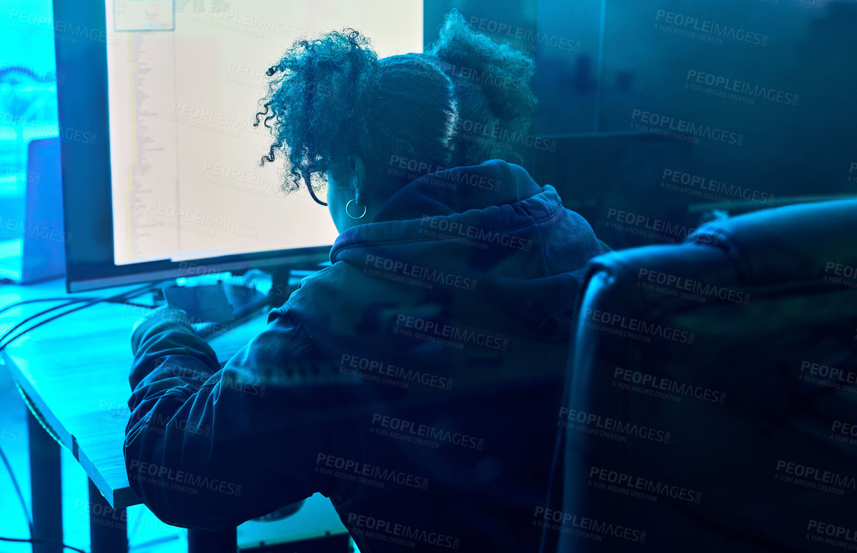 Buy stock photo Computer hacker, night and neon woman hacking database software, online server or programming password phishing. Ransomware developer, cyber security back view and blue programmer coding malware code