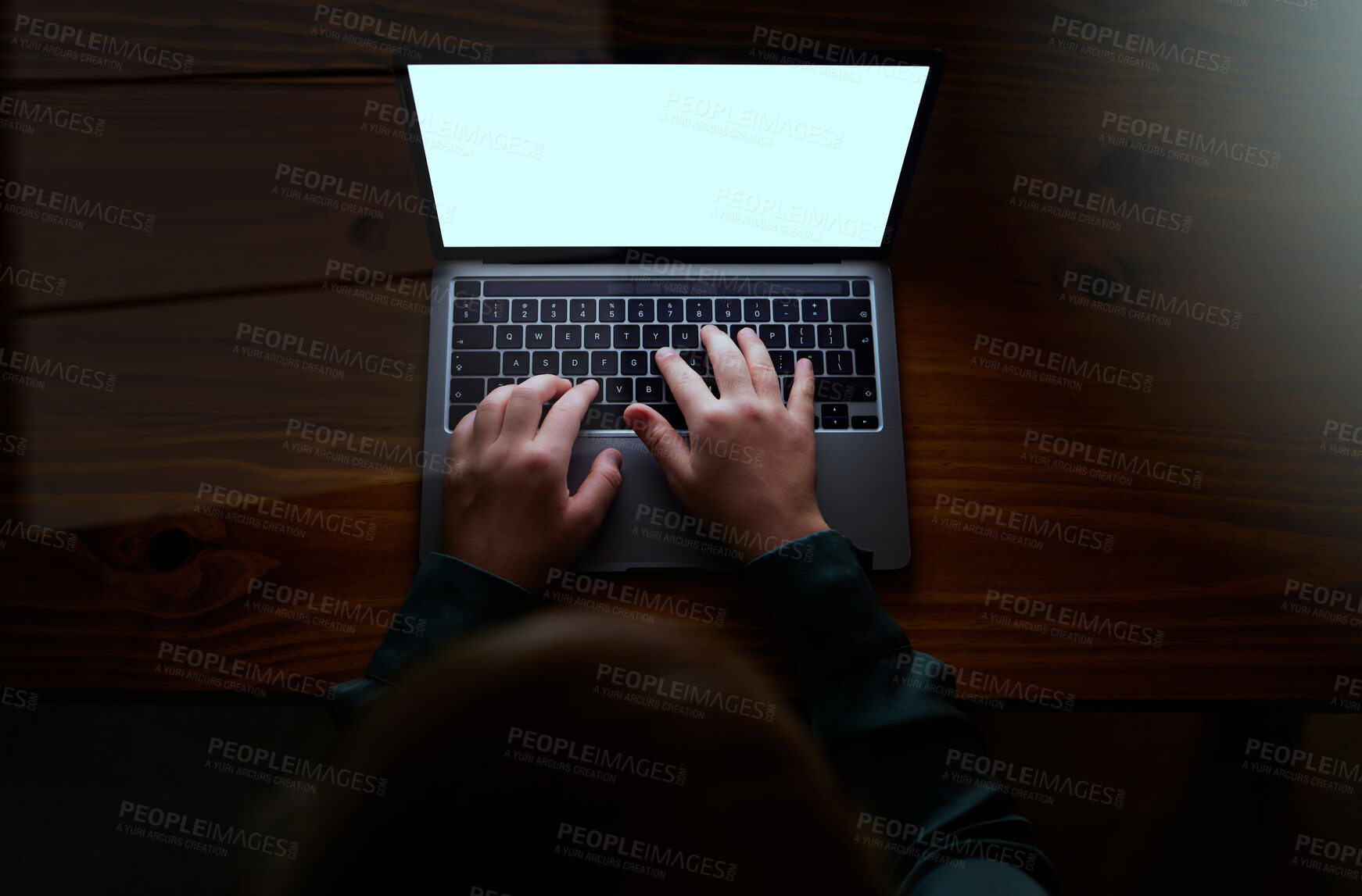 Buy stock photo Night, mockup and hands of woman with laptop with overlay for cyber security, software and future from above. Planning, database and chart with employee typing for technology, digital and internet