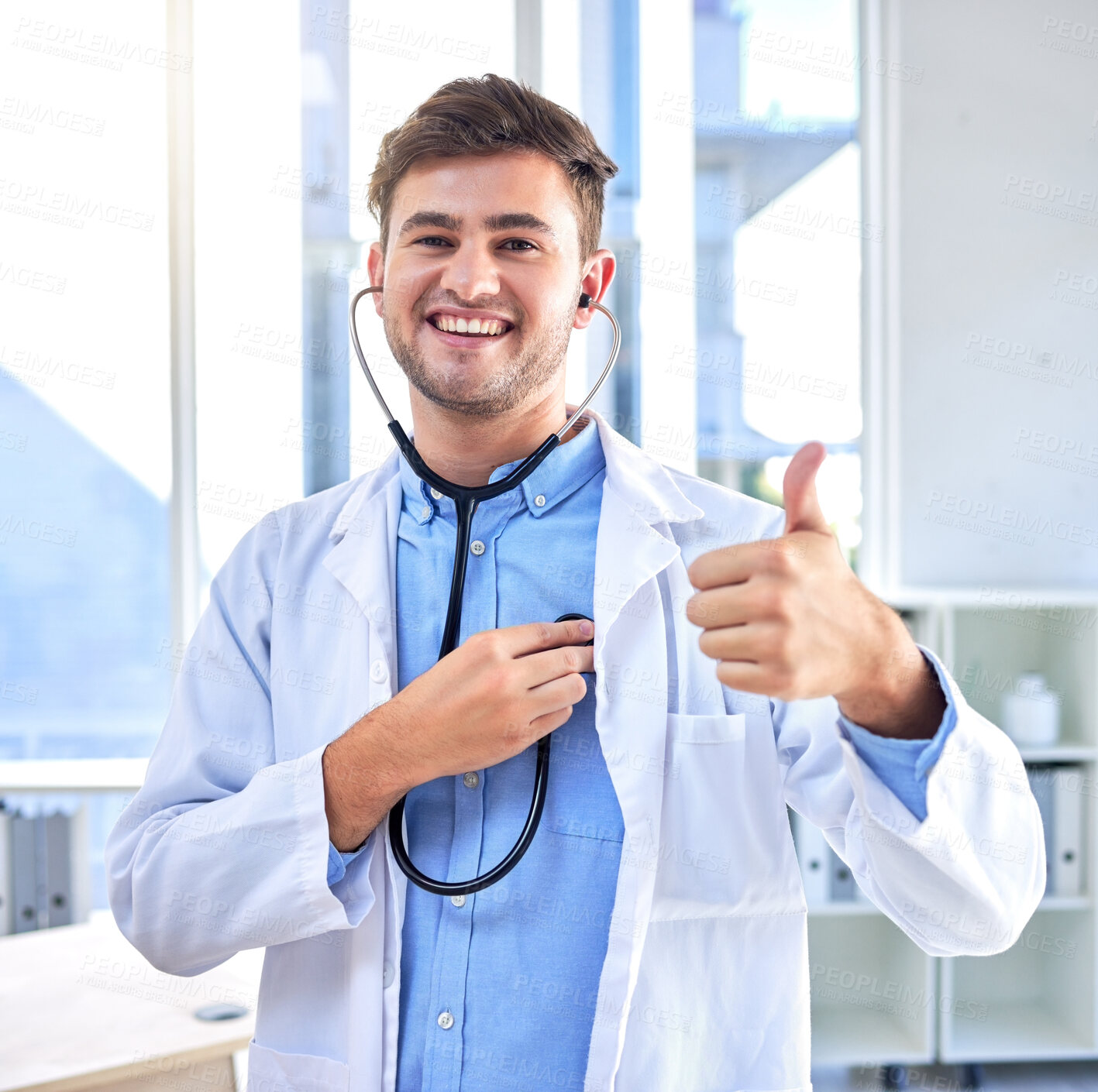 Buy stock photo Thumbs up, stethoscope and cardiology with portrait of doctor for heart rate, healthcare and medical. Support, success and thank you with man and ok hand gesture for trust, medicine and agreement