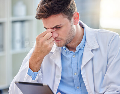 Buy stock photo Headache, stress and tired doctor on tablet with anxiety, pain or overworked for healthcare research. Fatigue, burnout and medical professional frustrated, sad or angry for digital technology problem