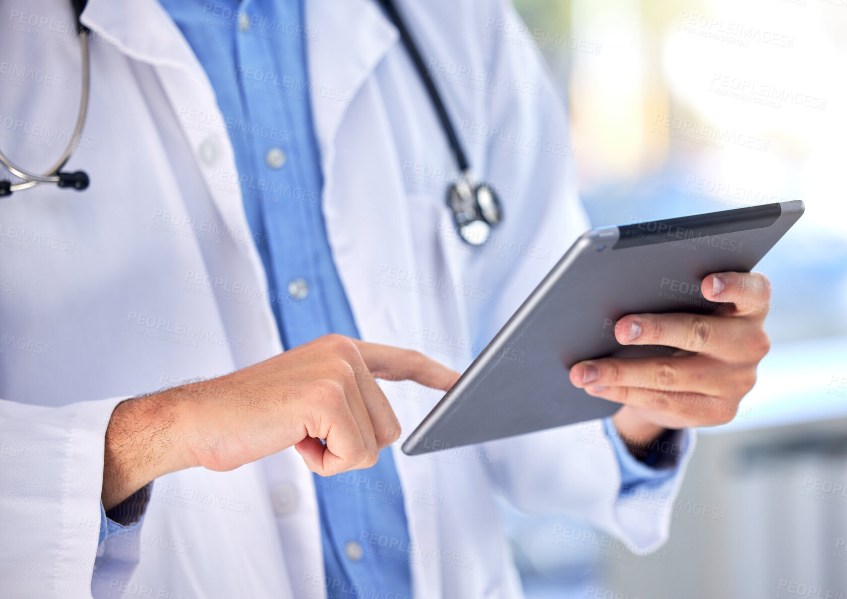 Buy stock photo Medical, research and tablet with hands of doctor for healthcare, technology and data analysis. Internet, contact and consulting with man in hospital for schedule, life insurance and medicine