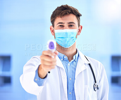 Buy stock photo Covid thermometer, portrait and doctor temperature check for healthcare, hospital policy or corona virus compliance. Face mask, clinic nurse or man with medical regulation for health care or wellness