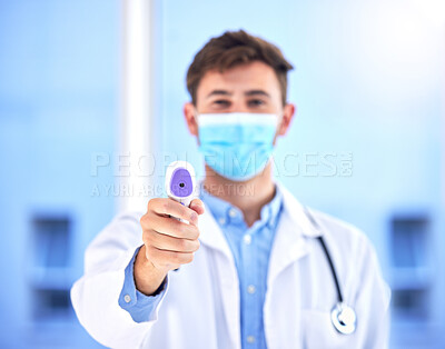 Buy stock photo Covid 19 thermometer, portrait and doctor temperature check for healthcare, hospital policy or corona virus compliance. Face mask, clinic nurse or man for medical regulation, health care or wellness