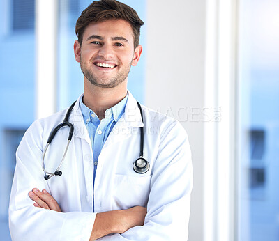 Buy stock photo Portrait of a young male doctor in healthcare internship opportunity, career and happy hospital service. Face or headshot of a proud medical person, cardiologist or man with leadership and integrity