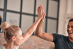 High five, fitness and people teamwork, sports goals and collaboration gym training, team building or support. Athlete personal trainer, woman partner or couple of friends with success hands together