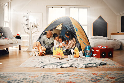 Buy stock photo Love, home camping and happy family bonding, relax and enjoy time together having fun in living room. Happiness, tent and youth children playing with mother, father or parents in house adventure