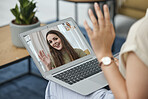 Laptop screen, wave and video call with woman in living room for communication, contact and hello. Smile, virtual meeting and friends with person at home for online chat, conference and social media