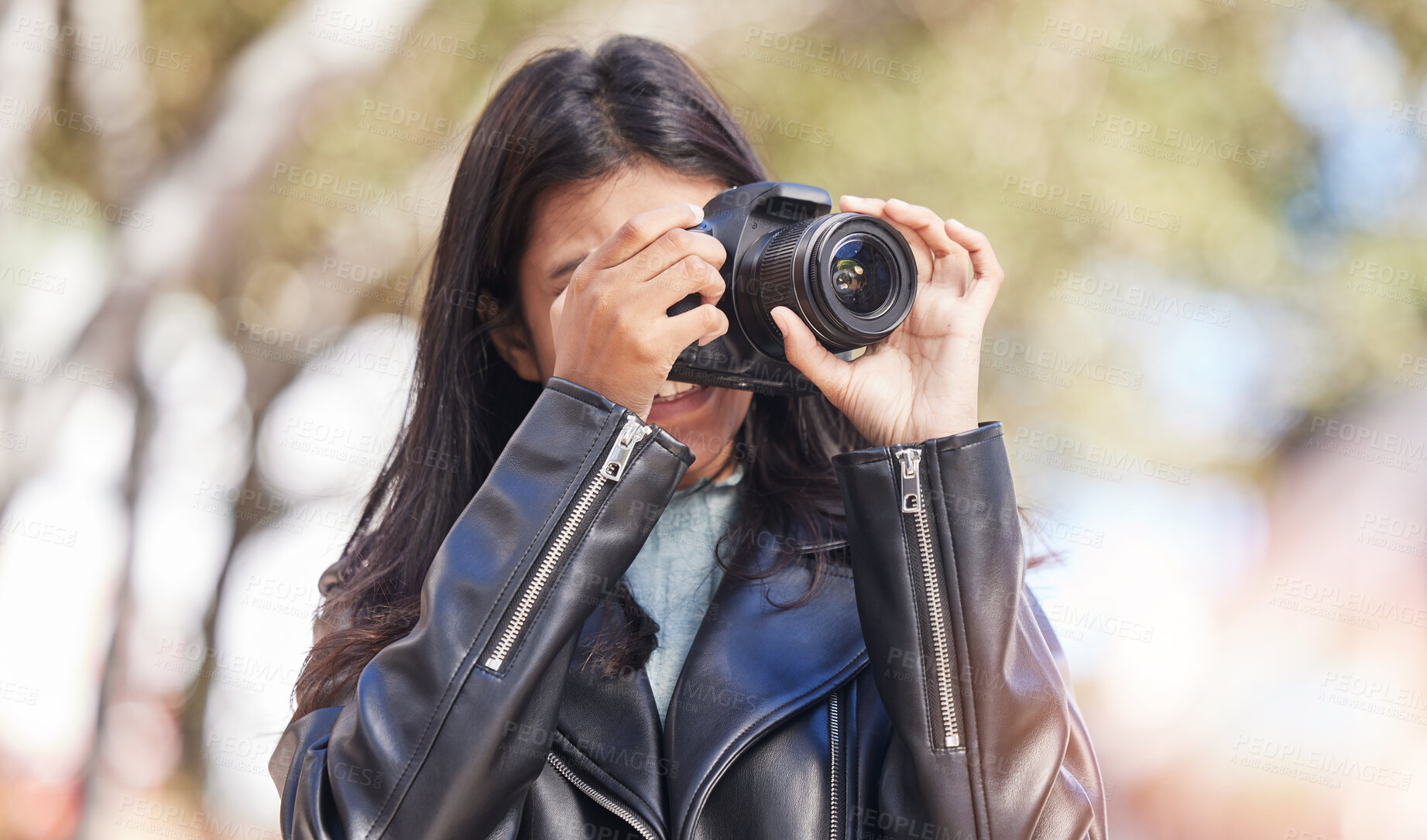 Buy stock photo Photography camera, shooting and city woman, tourist or photographer with creative memory picture, photoshoot or production. Lens, urban street and outdoor person with DSLR for artistic vision shot