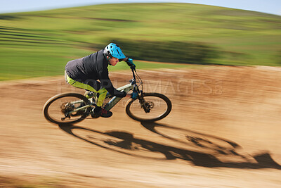 Buy stock photo Bicycle, man and cycling in motion blur on dirt path for competition, fast power and off road adventure. Athlete, sports and mountain bike for action, cardio race and speed in performance contest 