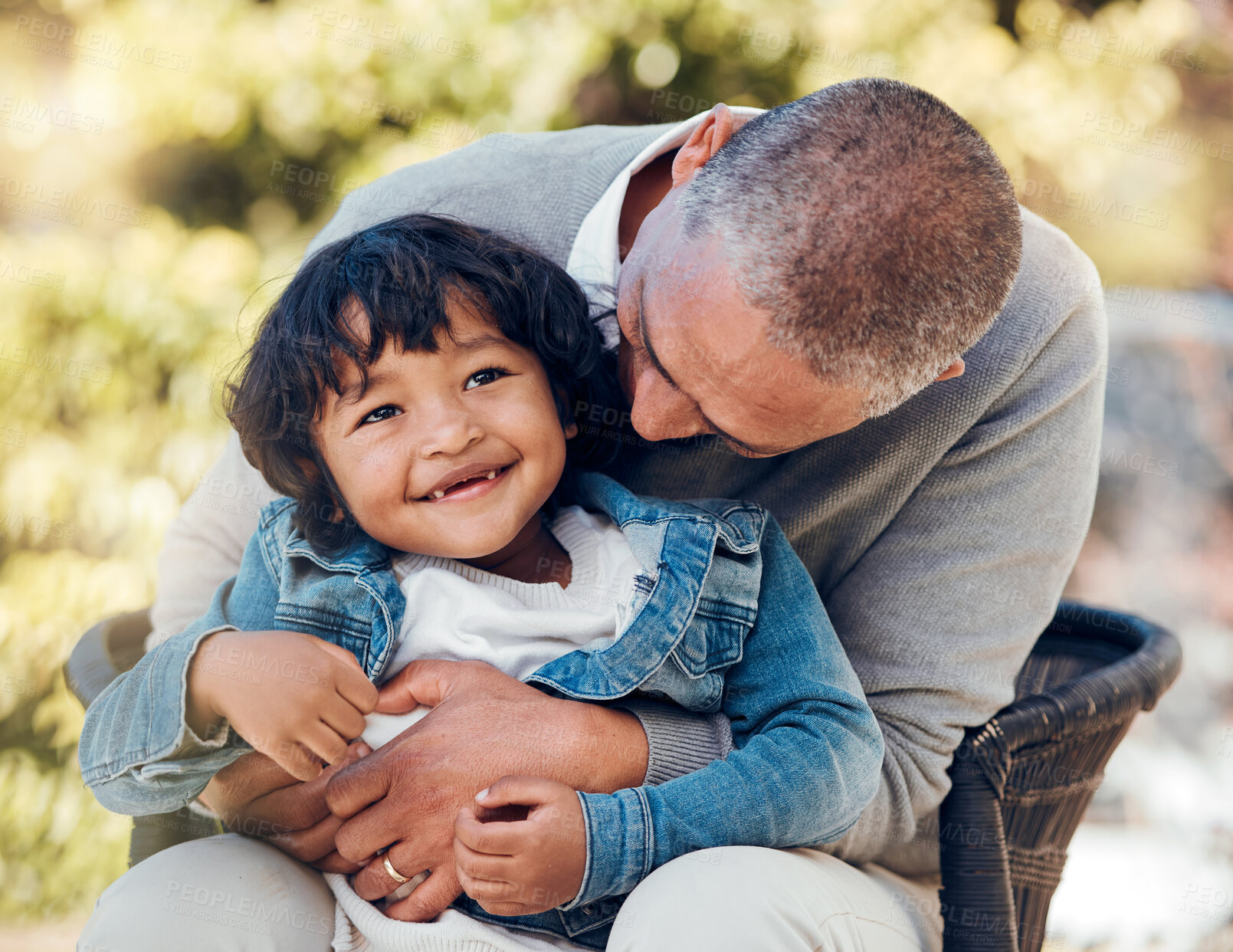 Buy stock photo Boy, hug and bonding with senior man in park for fun, support and summer break in nature. Kid, happy or excited child with grandfather on garden bench for love, trust and together in backyard embrace