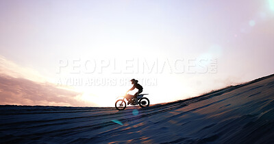 Buy stock photo Motorcycle, person and driving for training or sports with fitness, balance or challenge in nature on mock up space and sky. Bike, freedom and adventure for competition, exercise or talent in desert