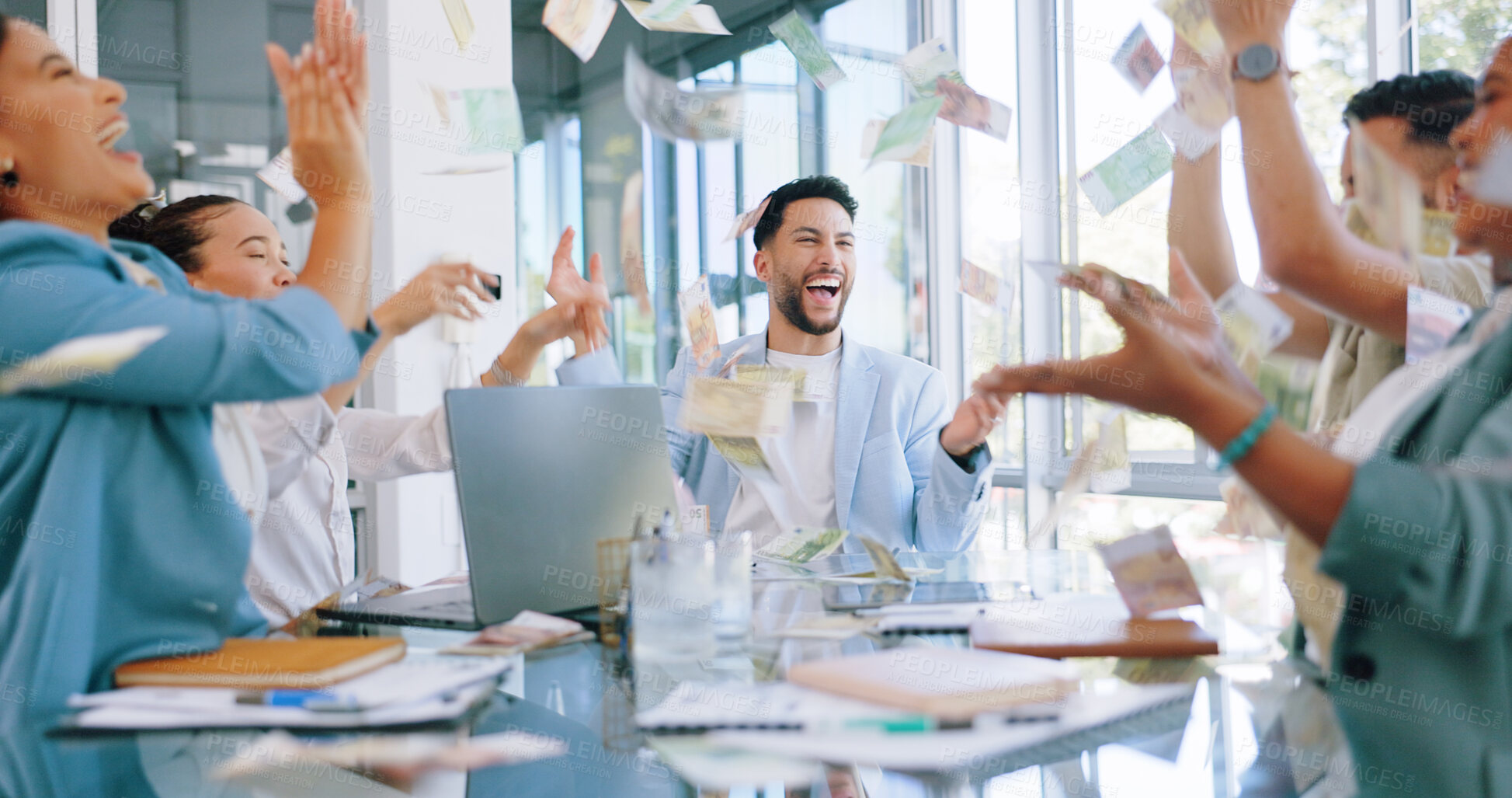 Buy stock photo Cash rain, business meeting and celebration with team for profit, bonus or success achievement in office. Diversity, men and women in finance applause goals with smile, development and happy teamwork