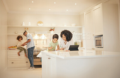 Buy stock photo Learning, child and mother help with math homework in kitchen of family home for development and education. Support, mom and boy kid with school work and study at table for knowledge and calculation