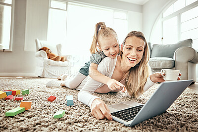 Buy stock photo Mother, child and laptop for home games, e learning and happy video streaming or education on carpet in living room. Mom, family and girl play on floor and computer for kids website or online school 