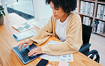 Office, laptop and woman in wheelchair typing at a desk with company report and internet research. Online, computer and female person with a disability and web work on a website with app analysis