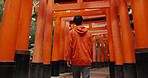 Man, religion and walk by shinto torii gate. back and culture for thinking, ideas and nature in forest. Person, statue and memory on spiritual journey, Fushimi Inari shrine or architecture in Kyoto