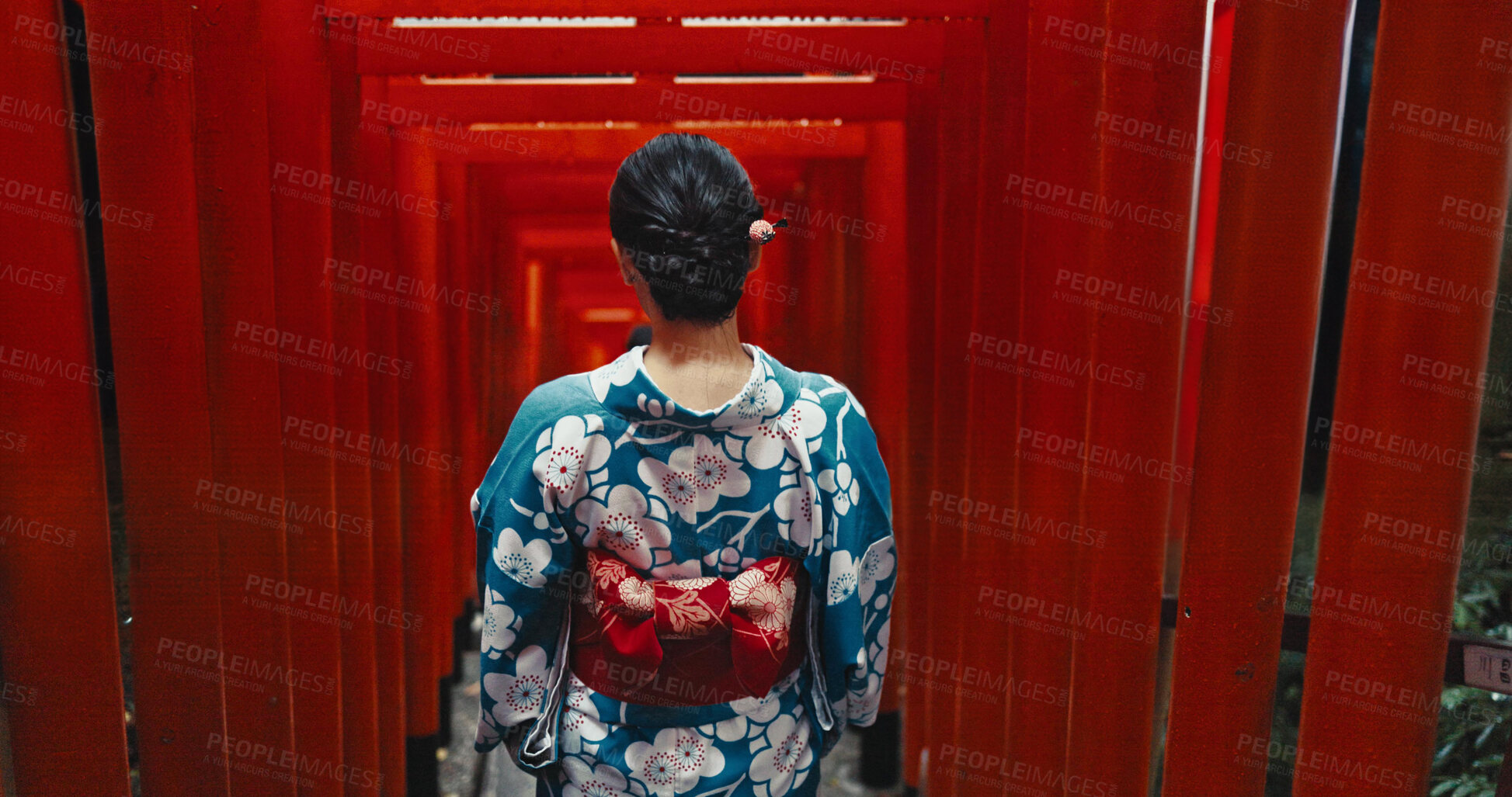 Buy stock photo Woman, shinto religion or back by gates in japan, spiritual path or indigenous culture in kimono. Person, traditional clothes or worship in peace, respect or heritage by Fushimi Inari Taisha in kyoto