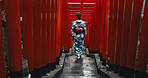 Woman, shinto religion and walk by gates in japan, spiritual path and indigenous culture in kimono. Person, traditional clothes or worship in peace, respect or beauty by Fushimi Inari Taisha in kyoto