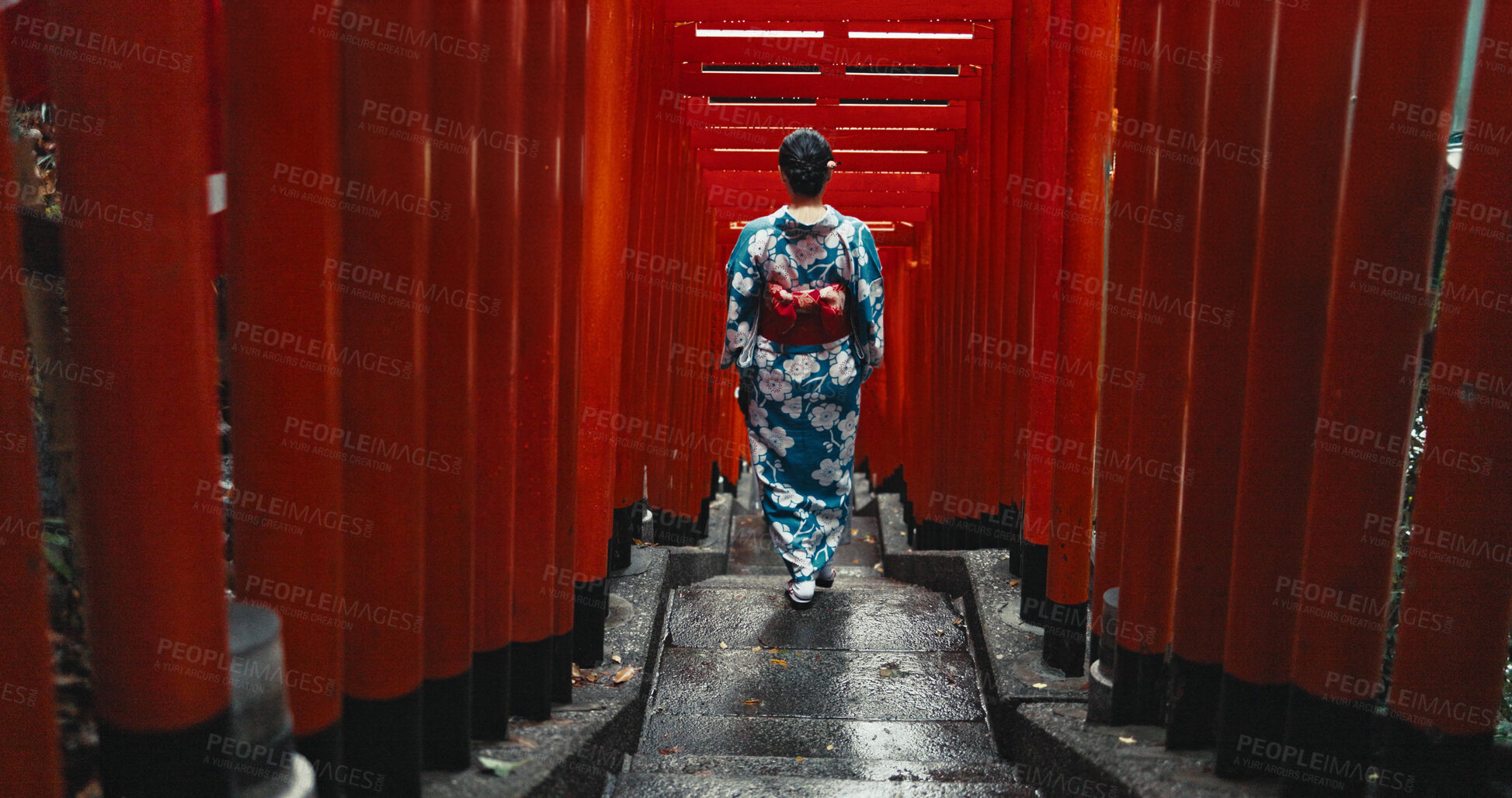 Buy stock photo Woman, shinto religion and walk by gates in japan, spiritual path and indigenous culture in kimono. Person, traditional clothes or worship in peace, respect or beauty by Fushimi Inari Taisha in kyoto