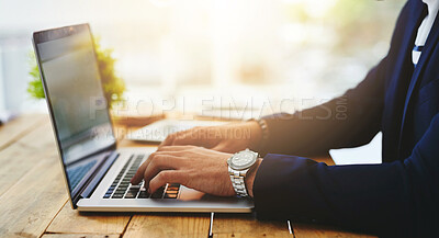 Buy stock photo Hands, laptop and typing in office at desk for crypto, trading on stock market with financial. Computer, person and working at table for blockchain technology, internet communication for business