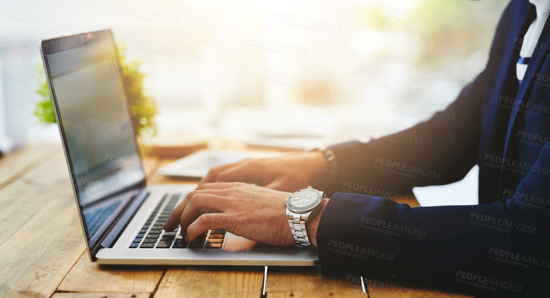 Buy stock photo Hands, laptop and typing in office at desk for crypto, trading on stock market with financial. Computer, person and working at table for blockchain technology, internet communication for business