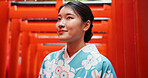 Thinking, Japanese woman and ideas with adventure, choice and opportunity with planning, wonder and travel. Person, outdoor and girl with decision, explore and calm with peace, culture and thoughts