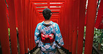 Woman, Japanese and temple or back for traditional culture for respect Tokyo travel, spirituality or history. Female person, kimono and walking staircase at shinto building, worship peace or explore