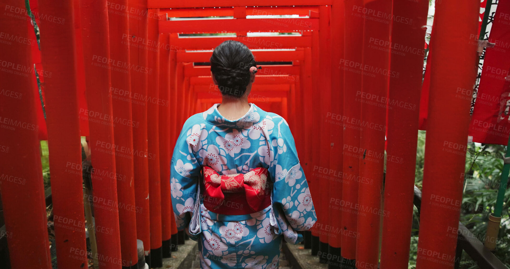 Buy stock photo Woman, Japanese and temple or back for traditional culture for respect Tokyo travel, spirituality or history. Female person, kimono and walking staircase at shinto building, worship peace or explore