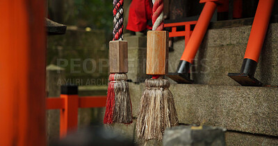 Buy stock photo Location, torii gates and temple for religion, travel or traditional landmark closeup for spirituality. Buddhism, Japanese culture and trip to Kyoto, zen or prayer on pathway by Fushimi Inari Shinto