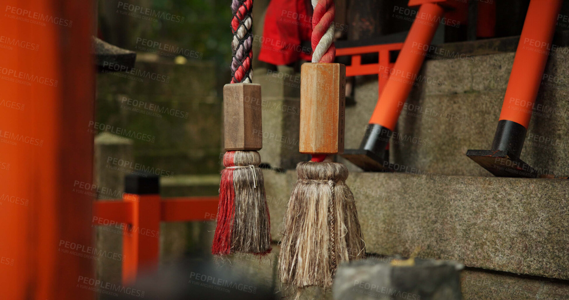 Buy stock photo Location, torii gates and temple for religion, travel or traditional landmark closeup for spirituality. Buddhism, Japanese culture and trip to Kyoto, zen or prayer on pathway by Fushimi Inari Shinto