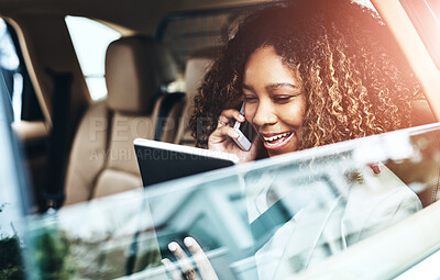 Buy stock photo Black woman, car and phone call with tablet for meeting, travel and cellphone for connection. Technology, internet and with chauffeur for female person, backseat and window for taxi service ceo