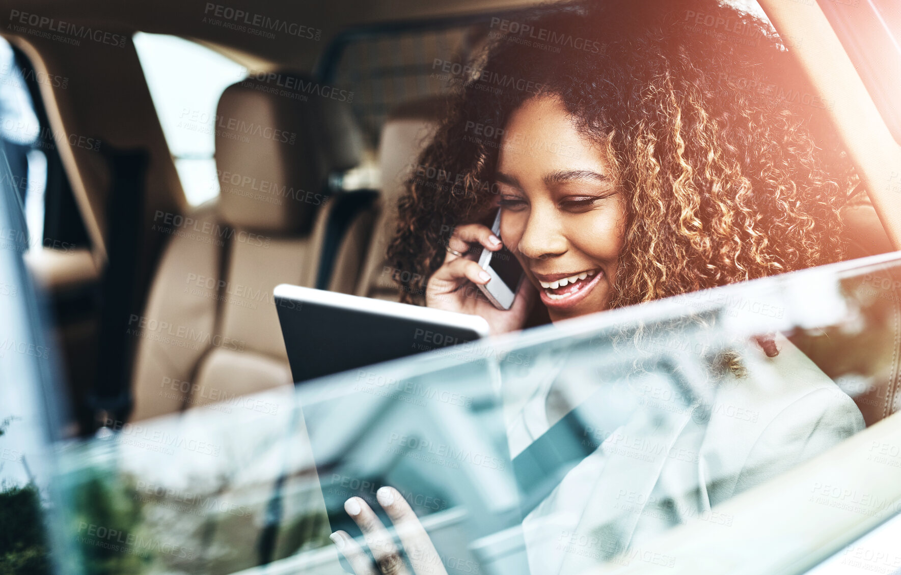 Buy stock photo Black woman, car and phone call with tablet for meeting, travel and cellphone for connection. Technology, internet and with chauffeur for female person, backseat and window for taxi service ceo