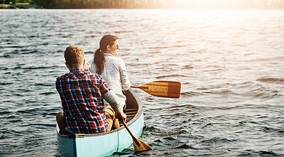 Buy stock photo Kayaking, water and couple on lake for travel, vacation or weekend trip with summer adventure. Hobby, bonding and back of man and woman rowing boat together on river for holiday activity in Norway.