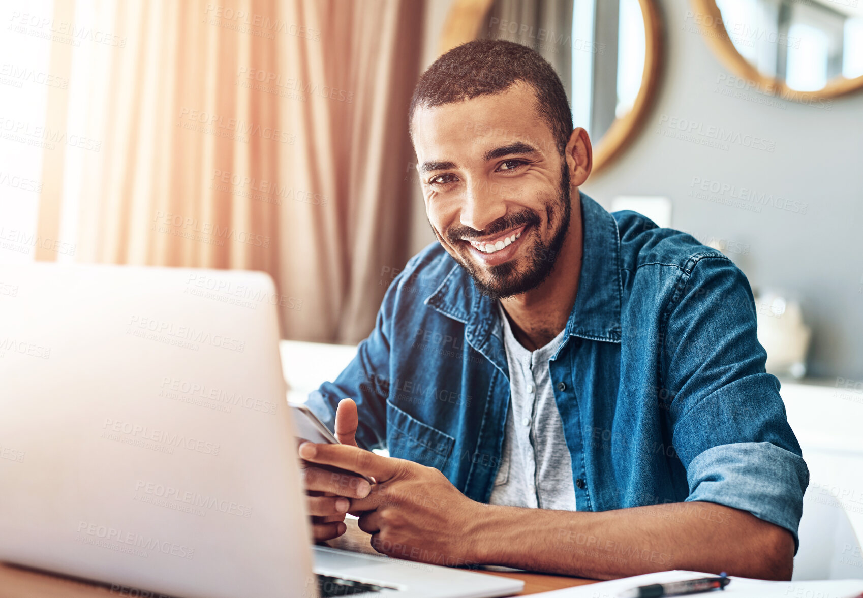 Buy stock photo Portrait, laptop and man in living room with remote work for report, review or feedback on project. Lens flare, journalist and freelancer for article, proofreading or working on feature story in home