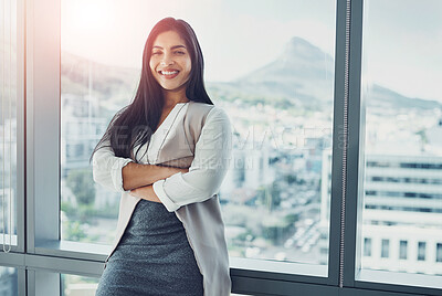 Buy stock photo Happy woman, portrait at window in office with confidence, business or positive in Brazil. Female lawyer, arms crossed or smile in building with pride, career development or ambition in city