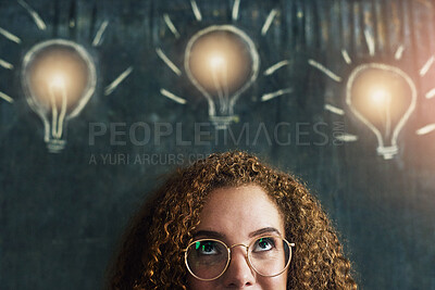 Buy stock photo Girl, thinking or blackboard with lightbulb for idea at school, learning or education for future. Female student, glasses or chalkboard with lamp for knowledge in classroom, thought for scholarship