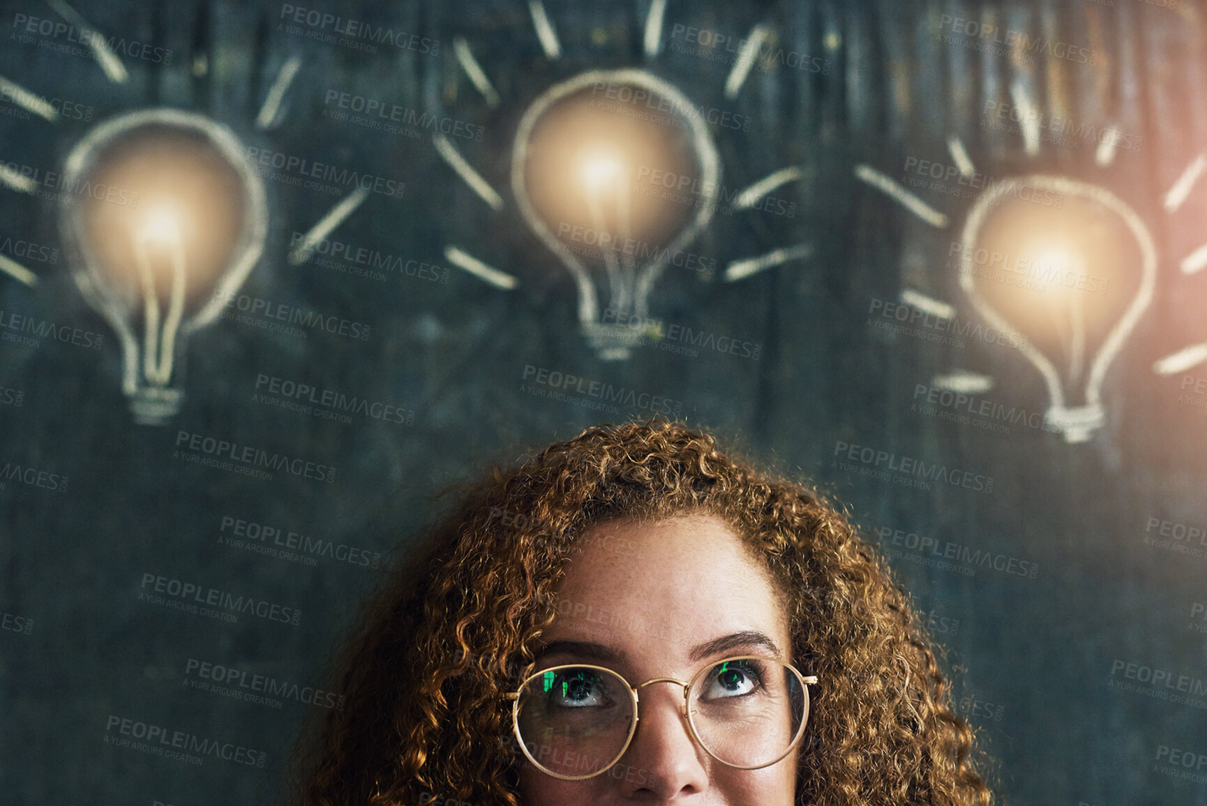 Buy stock photo Girl, thinking or blackboard with lightbulb for idea at school, learning or education for future. Female student, glasses or chalkboard with lamp for knowledge in classroom, thought for scholarship
