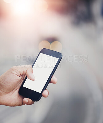 Buy stock photo Person, hand and blank screen or phone in city, website and scroll on social media or online shopping. Fingers, mockup space and empty display for app, notification and promo for ui or ux marketing