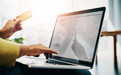 Buy stock photo Woman, credit card and hands for payment at desk with laptop screen for financial info. E commerce, online banking or shopping and female person in office for company, investment and budget or saving