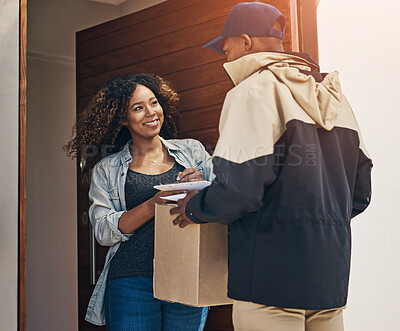 Buy stock photo Happy woman, delivery and box with signature for confirmation, agreement or parcel received by door at home. Female person with smile for package, signing or online order from courier guy at house