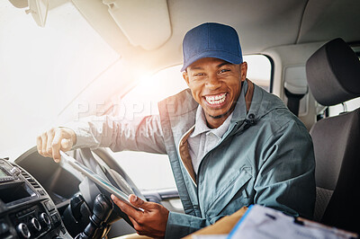 Buy stock photo Portrait, delivery driver and African man in van for shipping, ecommerce and distribution service. Face, courier and happy worker in truck for cargo transportation, freight and supply chain logistics