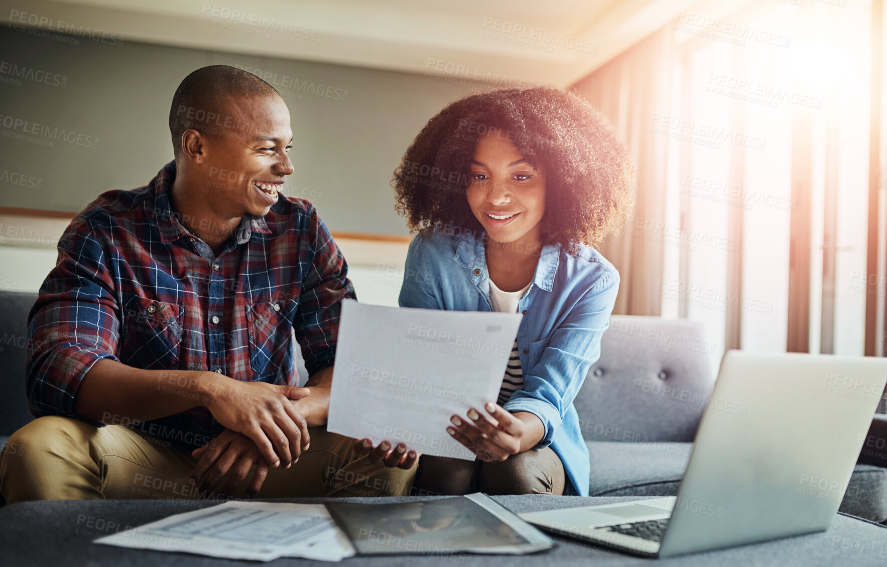 Buy stock photo Financial paperwork, happy and black couple with documents, laptop and budget in home. Planning, good news or people reading profit report for accounting or investment growth, invoice or inflation