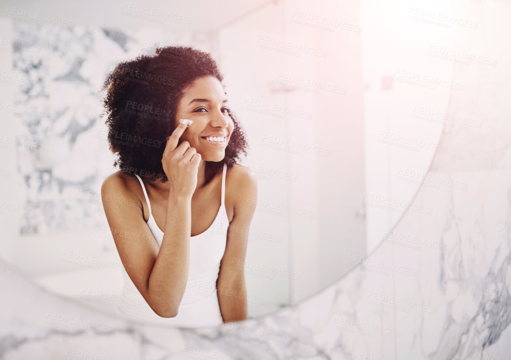 Buy stock photo Black woman, mirror and skincare cream in bathroom for morning routine with natural beauty, skin glow and mask. Happy girl, reflection and facial lotion in home with dermatology, smile and self care