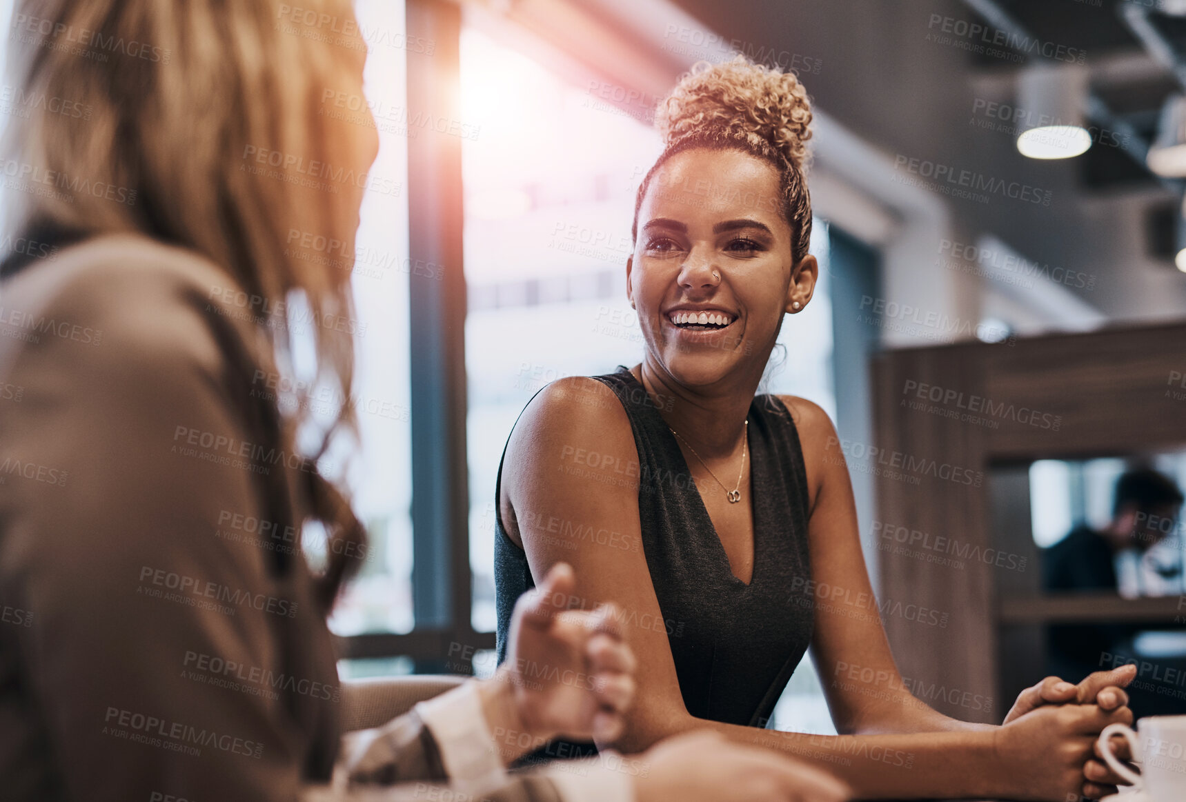 Buy stock photo Women, together or smile in cafe for meeting with opportunity, recruiter with question for candidate. Female people, interview or coffee shop with hiring manager for business onboarding or discussion